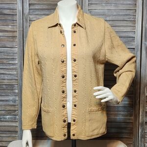 Blue Willi's of Denmark Snap Up Knit Cardigan Denim Collar Creamy Tan Small